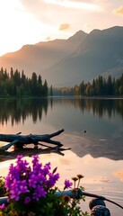 Serene lake at sunrise, casting for breakfast,  boat,  golden hour