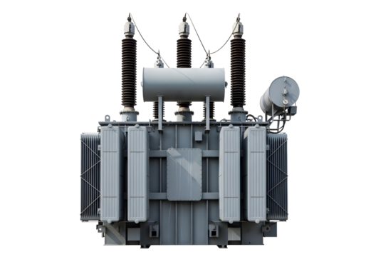 Industrial electrical power transformer isolated on transparent background