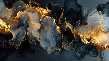 Fototapeta premium Abstract artwork of swirling gold and blue ink against a dark backdrop