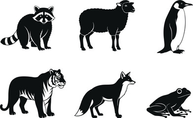 Animal silhouette set, raccoon, sheep, penguin, tiger, fox, frog, vector illustration, wildlife icons, black and white, minimal design