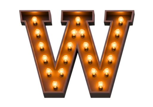 Vintage marquee letter w with illuminated bulbs isolated on transparent background