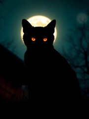 Spooky black cat silhouette with glowing orange eyes on a moonlit night, cat,  stars