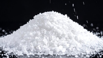 Close-up of crystalline white salt grains piled on a dark surface