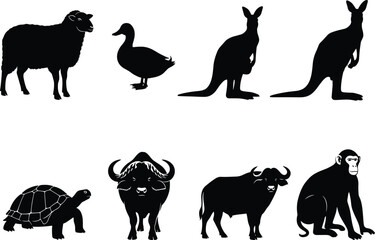 Animal silhouette set, sheep, duck, kangaroo, tortoise, buffalo, bison, monkey, vector illustration, wildlife icons, black and white, minimal style