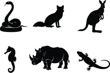 Animal silhouette set, snake, fox, kangaroo, seahorse, rhino, lizard icons, black vector shapes, nature symbols, wildlife graphic design