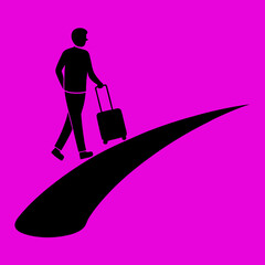 Man traveling with suitcase on pink background travel and tourism