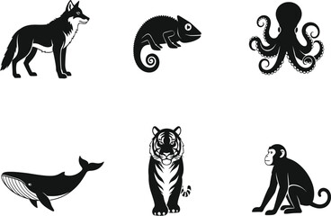 Animal silhouette set, wolf, chameleon, octopus, whale, tiger, monkey icons, black vector shapes, nature symbols, wildlife graphic design
