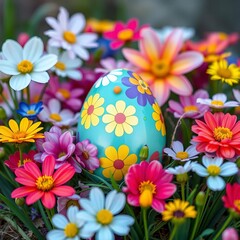 Spring flowers surround a colorful egg display ,  decoration,  eggs