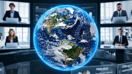 A digital Earth surrounded by screens showing business meetings and data. Global communication concept - Powered by Adobe