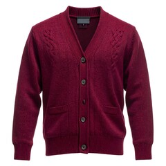 A burgundy cardigan featuring a V-neck, buttons, and a cable knit detail