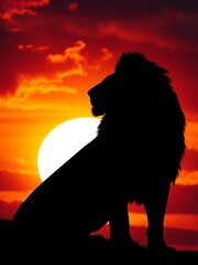Naklejka premium Striking black lion silhouette against a vibrant sunset sky, regal and powerful presence, strong, proud
