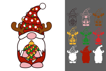 Cute Christmas Gnome with Reindeer Antlers Holding Ornament – Laser Cut SVG Papercut Holiday Vector Design