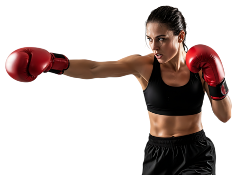 Determined female boxer throwing a punch with red boxing gloves isolated