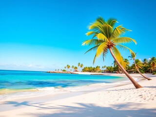 Naklejka premium Sun-drenched sands meet turquoise waters under a clear blue sky, palm trees sway gently, calm, remote