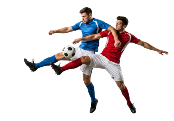 Soccer Players in Mid Air Competing for Ball During Intense Match