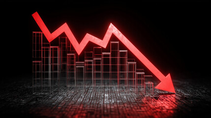 A red arrow drops over financial bars, symbolizing economic decline, losses and negative market trends