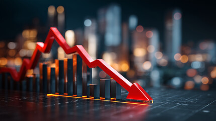 Gráfico de colunas com seta para baixo simboliza queda de desempenho, retração financeira e resultados negativos, destacando desafios no mercado e baixa eficiência empresarial