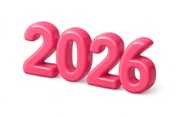 2026 glossy pink 3d numbers representing new year, future calendar date, and upcoming events on transparent background