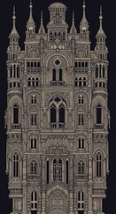 Fototapeta premium Ornate, detailed facade of a tall, historic European-style building rendered in monochrome illustration