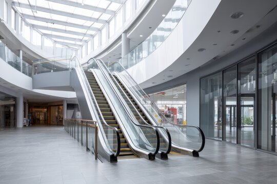 Modern atrium with escalators in a spacious, empty shopping center.