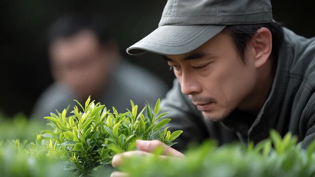 Tea farmers focus on picking emerald green tea leaves