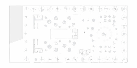 Top down architectural plan showing building structures and stylized trees in a minimalist grayscale design