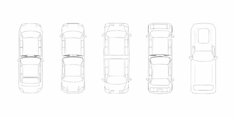 Top down view line drawing of different car models and types arranged in a row
