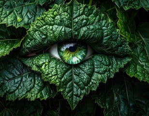 Surreal Green Human Eye Peeking Through Lush Foliage.