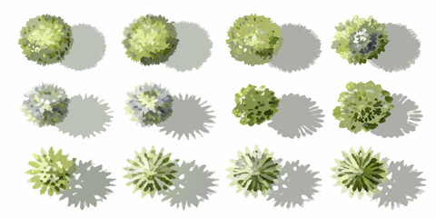 Collection of stylized green trees and shrubs viewed from directly above with distinct shadows