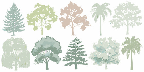 Collection of stylized watercolor trees in muted pastel colors on a white background