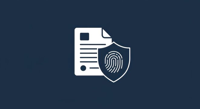 Secured document with a fingerprint on a shield icon, cyber protection