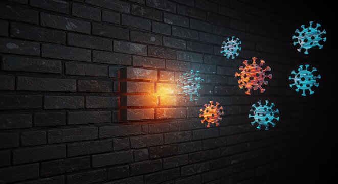 Colorful virus particles emerging from a dark brick wall concept