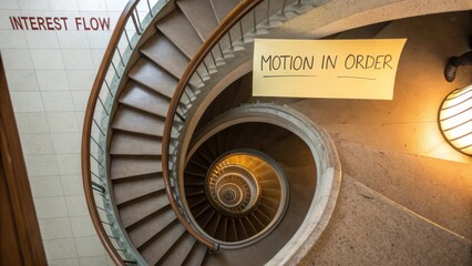 Spiral staircase view featuring a motion sign on a textured background with warm light enhancing the architectural detail