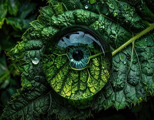 Surreal Human Eye Reflection in a Water Droplet on a Green Leaf.