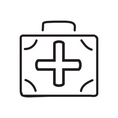 A simple black and white line drawing icon of a first aid kit with a cross symbol.