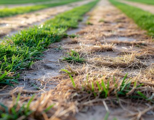 Close-up of alternating rows of healthy green grass and dry, brown grass, showing contrast