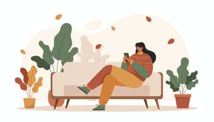 Cozy woman using a smartphone on a sofa surrounded by plants enjoying autumn comfort and leisure