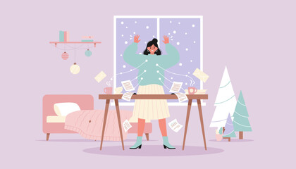 Overwhelmed woman stressed by excessive winter holiday workload and incoming deadlines in a home office