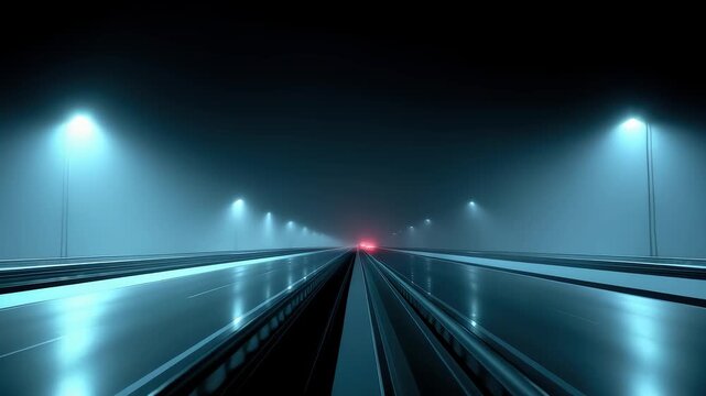 Vehicles speeding on a foggy highway at night light and shadow flow