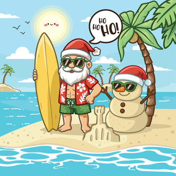 &ldquo;Tropical Beach Santa&rdquo; is a fun and vibrant Christmas illustration that brings holiday cheer to sunny shores! Featuring Santa Claus in beach shorts, sunglasses, and a Hawaiian shirt, standing beside a