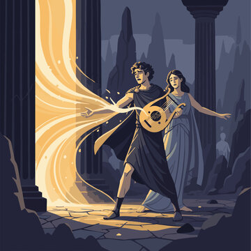 Flat vector art of Orpheus turning back toward Eurydice as golden light fades between them, greek myth