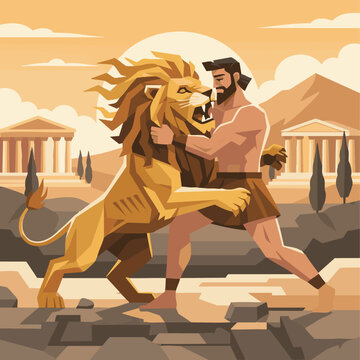 Flat vector illustration of Heracles wrestling the golden Nemean Lion on rocky ground, ancient Greek landscape in background, Greek Myth