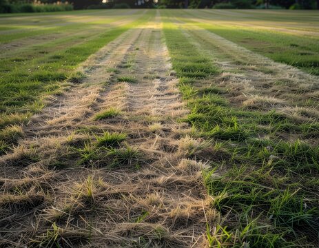 A field of green grass with two parallel tracks of flattened, dry grass running towards the horizon under bright sunlight