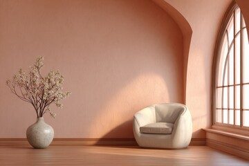 Cozy armchair sits near a large arched window with floral decor.