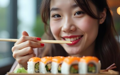 Happy girl eating sushi with chopsticks and smiling from satisfaction. Women enjoys japanese food, order takeaway for lunch break in office. Female take bite of sushi rolls with pleasure
