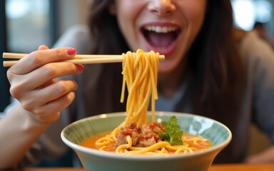 Woman, mouth and eating ramen in restaurant for dinner, meal and noodles in cafeteria. Closeup, hungry lady and chopsticks for bowl of spaghetti, Japanese cuisine and lunch break in fast food diner