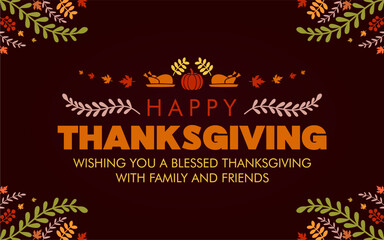 Happy Thanksgiving Day illustration featuring a festive design with autumn leaves and decorative elements around the text. Great for Thanksgiving 2025 greeting cards, posters, and seasonal holiday day