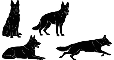 German Shepherd silhouettes, black vector illustrations of dog in sitting, standing, lying, and running poses with white accent details