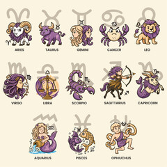 Fototapeta premium “Cartoon Horoscope Zodiac Symbols” is a beautifully detailed vector illustration featuring all twelve Western zodiac signs — Aries, Taurus, Gemini, Cancer, Leo, Virgo, Libra, Scorpio, Sagittarius, Cap