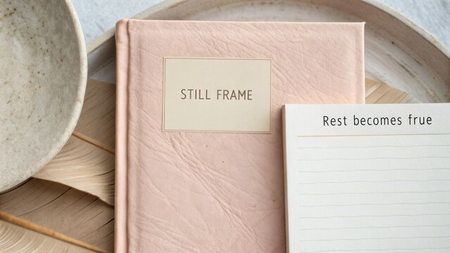 Soft pink notebook and white notepad on a wooden tray with decorative dish and natural elements for calming workspace aesthetics